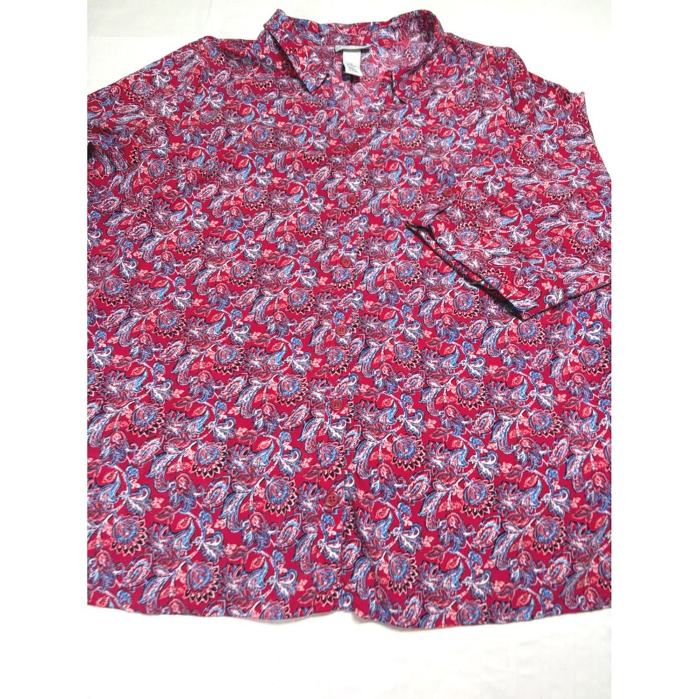 Catherines Red Paisley Button Front Blouse Womens 1X 18/20W Long Sleeve Top